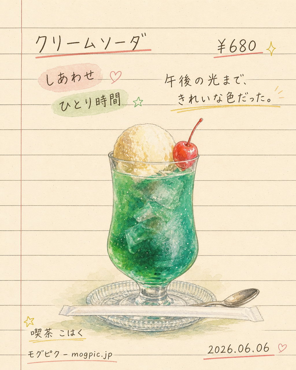 喫茶こはくのクリームソーダを手書きメニュー風に仕立てたMogPic